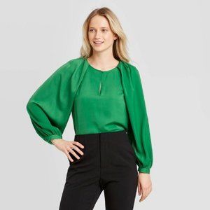 Who What Wear Womens Green Balloon Sleeve Key Hole Blouse
